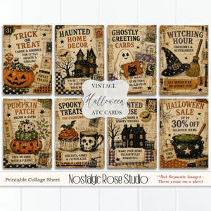Op de afbeelding: Een set van acht Halloween-collagekaarten in vintage-stijl met illustraties van een pompoen, een spookhuis, een geest met een zwarte kat, een heksenhoed, gestapelde pompoenen, een schedelbeker en een zwarte ketel met bijbehorende tekst.