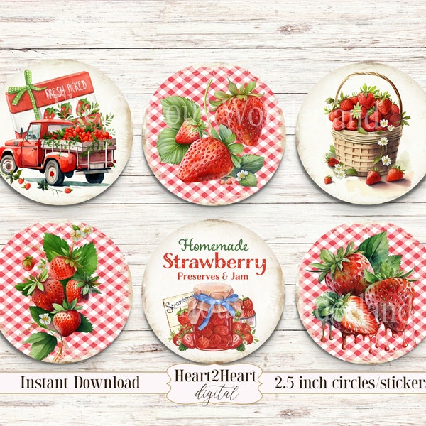 Farmhouse Strawberry Circle Tags DIY Gift Labels 2.5 inches Printable Images Bottle Caps Stickers INSTANT DOWNLOAD Collage sheet Preserves