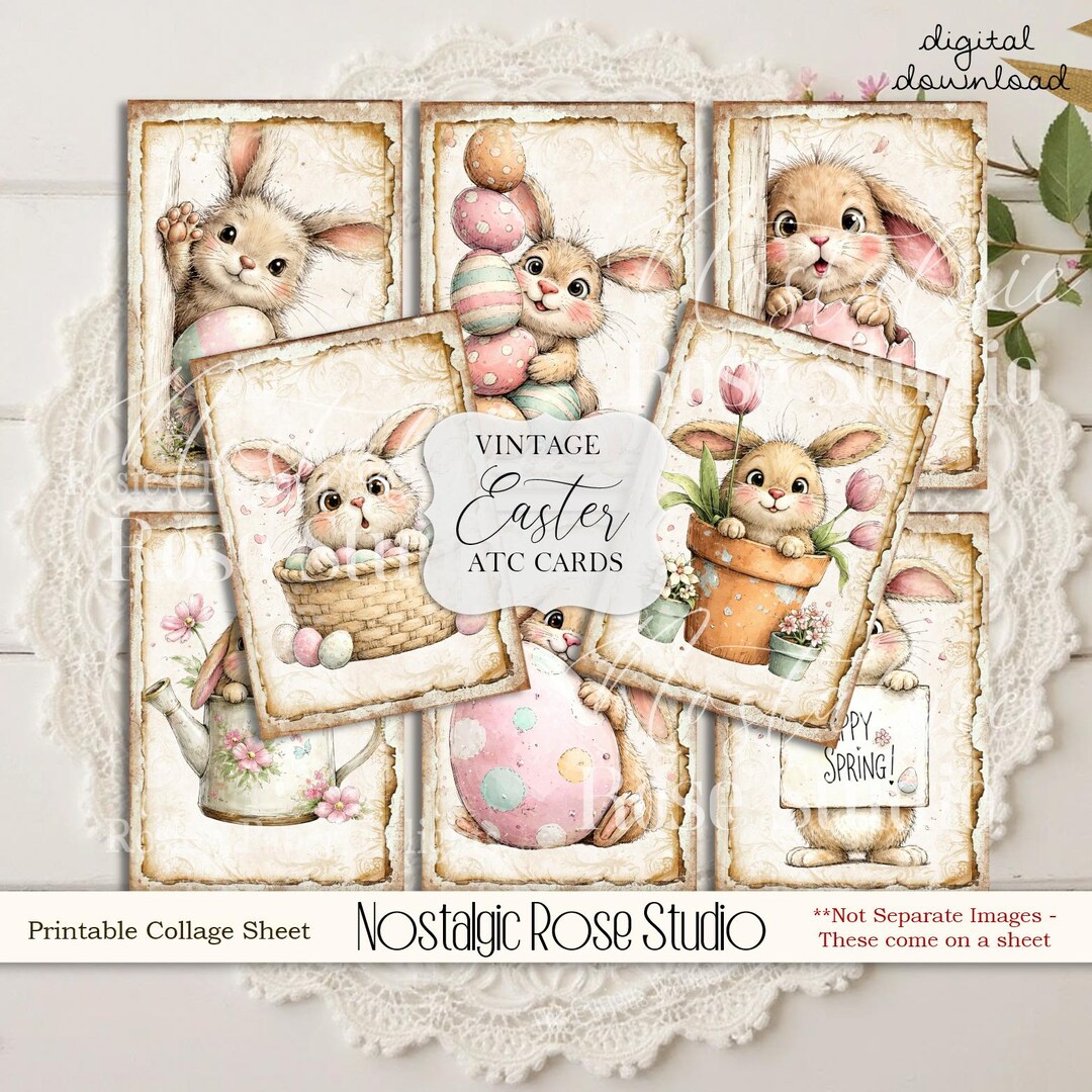 Cute Easter Bunny ATC Cards Printable Collage Sheet, Vintage Spring ...