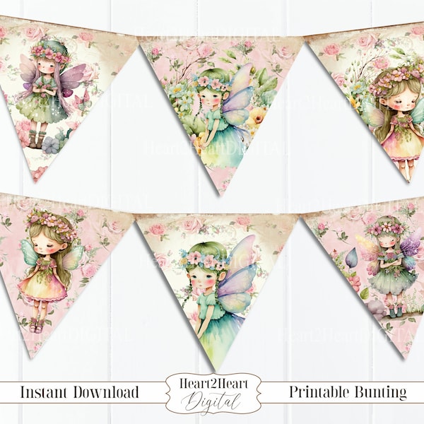 Flower Fairies Bunting, Printable Fairy Bunting, Printable Banner, Shabby Chic Fairy Printable Banner, Triangle Banner