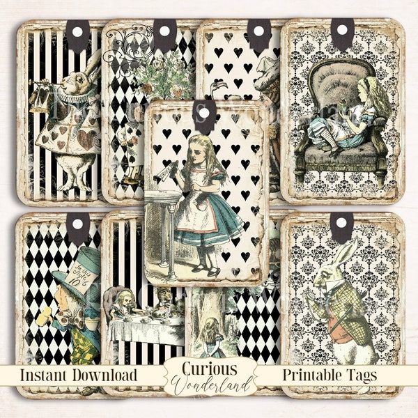 Alice in Wonderland Tags, Printable Tags, Favors Tea party Mad Hatter Digital Download, Collage Sheet