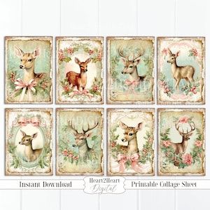 Shabby Chic Floral Christmas Deer Collage Sheet, Tags, Journal Cards, Digital Image, Scrapbook Cards, Printable Download, ACEO, Digital Card