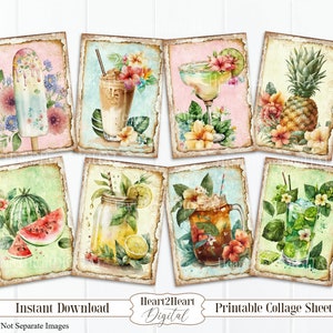 Summer Vibes Journal Cards, Fruity Cocktail Cards, Summer Ephemera, Fruit Journal Cards, Tropical Cards, ATC ACEO, Journal Supplies