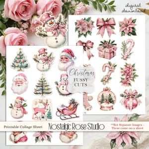 Vintage Pink Christmas Fussy Cuts, Ephemera Fussy Cuts, Printable, Digital Junk Journal, Junk Journal Supplies, Scrapbooking,