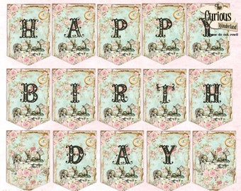Shabby Chic Alice in Wonderland Happy Birthday Banner Printable Blush Floral Rose Birthday Decoration Wonderland Party Party