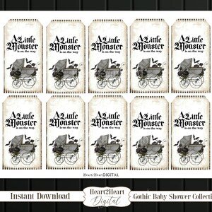 May include: A digital sheet of ten rectangular gift tags featuring a vintage baby carriage illustration, black roses, and bats. Each tag displays the black text A little Monster is on the way. The background has a beige, aged paper texture.