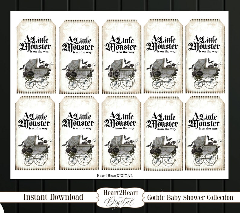 May include: A digital sheet of ten rectangular gift tags featuring a vintage baby carriage illustration, black roses, and bats. Each tag displays the black text A little Monster is on the way. The background has a beige, aged paper texture.
