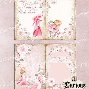 May include: A digital art print in a vintage style, with a pink and cream colour scheme. The design includes floral elements, a ballerina, and the text "Forget Glass Slippers, This Princess Wears Pointe Shoes." The Curious Wonderland logo is visible.