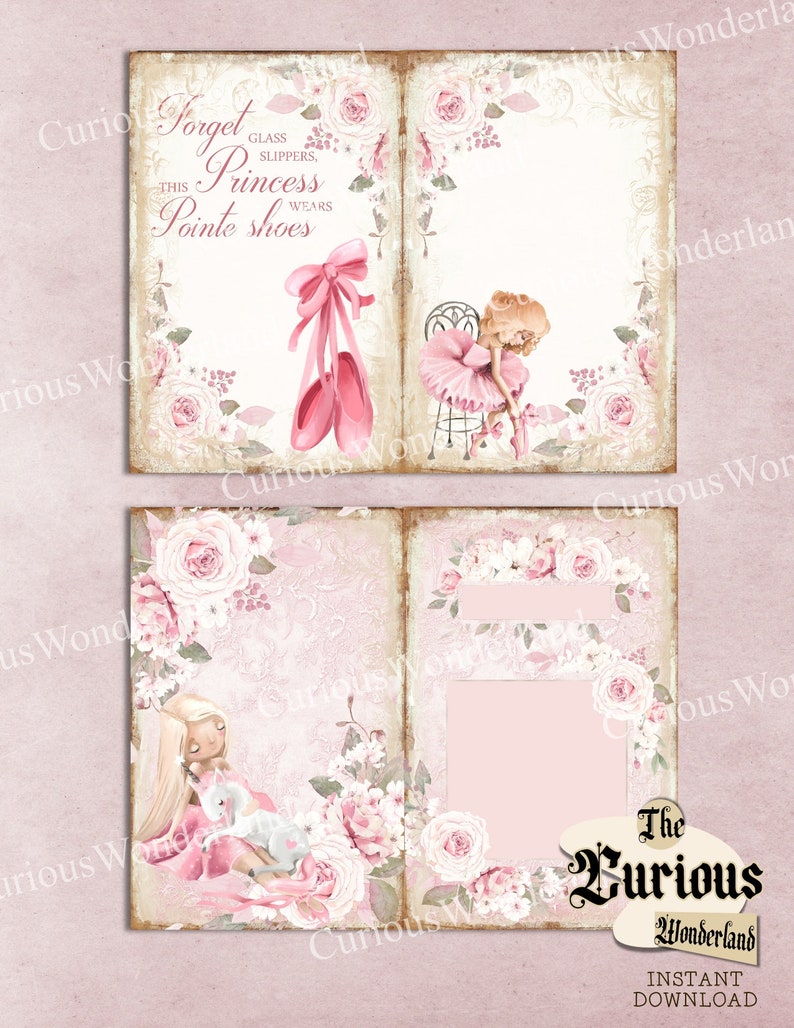 May include: A digital art print in a vintage style, with a pink and cream colour scheme. The design includes floral elements, a ballerina, and the text "Forget Glass Slippers, This Princess Wears Pointe Shoes." The Curious Wonderland logo is visible.