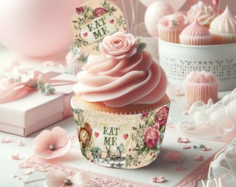 Floral Alice in Wonderland Cupcake Wrappers, Printable Cake Wraps, Wonderland Party Decorations, INSTANT DOWNLOAD, Alice Wrappers