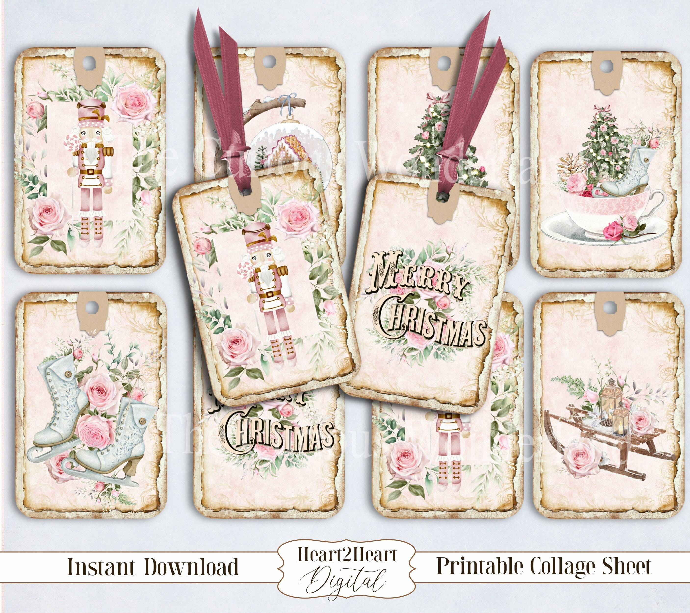 Shabby Chic Pink Christmas Hang Tags Collage Sheet ATC Journal Cards ...
