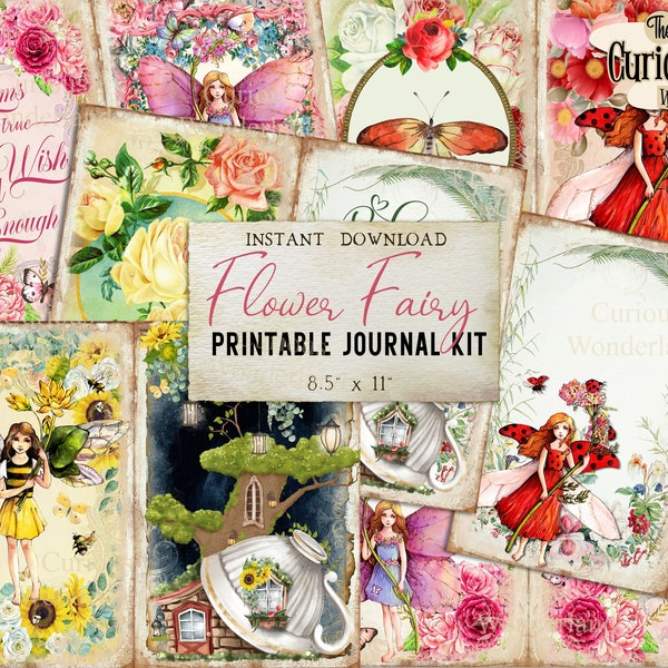Flower Fairy Junk Journal Fairies Floral Pack Digital Tags  Kit Printable Shabby Chic Journal Pink Roses Envelopes Fairy House Vintage Style
