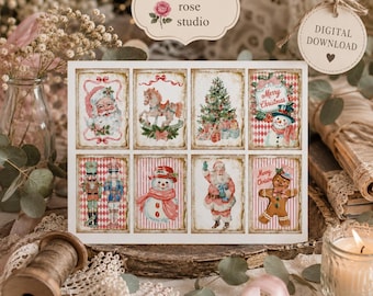 Puede incluir: Una hoja de descarga digital con ocho tarjetas rectangulares de temática navideña que muestran ilustraciones vintage de Santa Claus, un caballito de madera, un árbol decorado, un muñeco de nieve, cascanueces y un hombre de jengibre.
