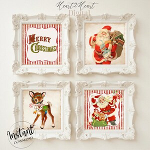 Retro Santa Christmas 4" Squares Tier Tray Signs, Digital, Collage Sheet Printable Labels Digital Images Scrapbooking Craft, Cards, 4x4