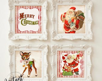 Retro kerstman 4" vierkante lade borden, digitaal collageblad afdrukbare etiketten digitale afbeeldingen scrapbooking Craft, lCards, 4 x 4