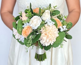 WEDDING BOUQUET , Peach Orange Bouquet , High Quality Wedding Bouquet , Peach & Orange, Real Touch, Rose Delilah Eucalyptus