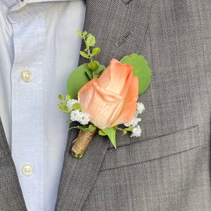 ROSE WEDDING BOUTONNIERE , Coral Orange Rose Wedding Boutonniere , Wedding Boutonniere , Real Touch Rose & Eucalyptus , Babies Breath