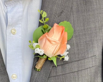 ROSE WEDDING BOUTONNIERE , Coral Orange Rose Wedding Boutonniere , Wedding Boutonniere , Real Touch Rose & Eucalyptus , Babies Breath