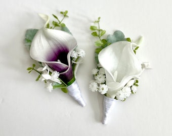 Purple and White Wedding Boutonniere , Purple and White Calla Lily Wedding Boutonniere , Real to Touch High Quality Boutonniere