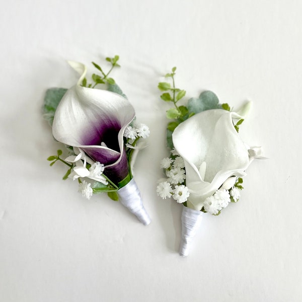 Purple and White Wedding Boutonniere , Purple and White Calla Lily Wedding Boutonniere , Real to Touch High Quality Boutonniere