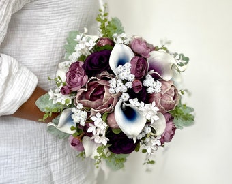 Purple and Blue Wedding Bouquet , Purple and Navy Blue Wedding Bridal Bouquet , Real to Touch Peonies Bridal Bouquet, Wisteria Purple