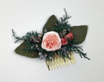 Pink Floral Hair Comb with Dried Foliage, Winter Hair Comb with Preserved Evergreens and Pinecones, Pink and Blue Wedding Floral Hair Comb