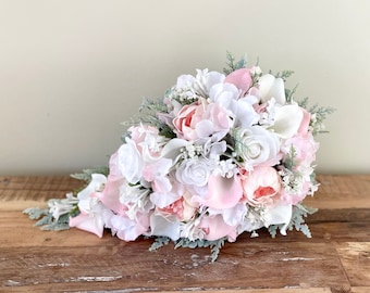 Pink Cascading Wedding Bouquet , Pink Wedding Bouquet, Winter Cascading Blush Pink Bouquet, Real to Touch, High Quality Bridal Bouquet, mint