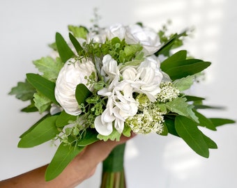 WHITE WEDDING BOUQUET , Wedding Bouquet , High Quality Wedding Bouquet , White Rose Hydrangeas Eucalyptus, Real Touch