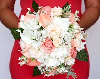 CORAL WEDDING BOUQUET , Wedding Bouquet , Real Touch Coral and White Wedding Bouquet , Rose Hydrangea and Calla Lilies , Navy Ribbon