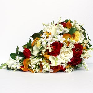 WEDDING BOUQUET , Red Cascading Wedding Bouquet , Red Yellow Orange Cascading Bouquet , Autumn / Fall Wedding Bouquet , Rose Calla Lily