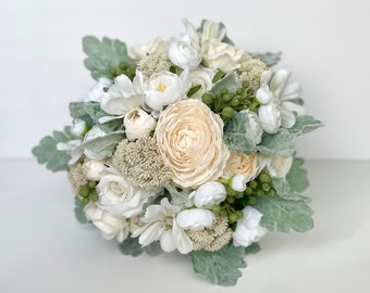 WHITE WEDDING BOUQUET , White & Cream Winter Wedding Bouquet , High Quality Wedding Bouquet , Real Touch, Sage Dusty Miller, Rose, Christmas