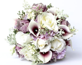 PURPLE WEDDING BOUQUET- Purple Wedding Bridal Bouquet , Real to Touch Peonies Bridal Bouquet, Purple and mint bouquet