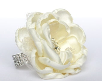 White Wrist Corsage , Ivory Wedding Wrist Corsage , White , Rhinestone and Lace Wedding Wrist Corsage