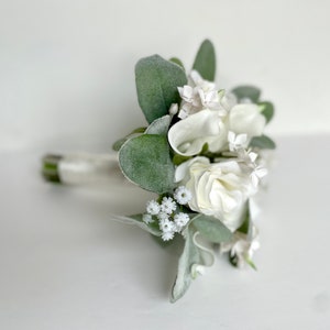WHITE WEDDING BOUQUET - White Wedding Bridal Bouquet , Real to Touch Calla Lilly Bouquet , Winter White Rose Calla Lily Lambs Ear Bouquet