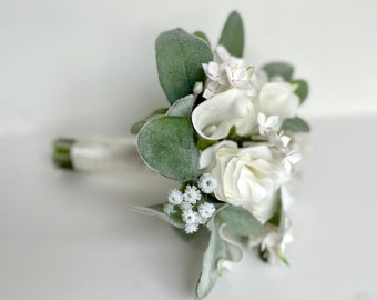 WHITE WEDDING BOUQUET - White Wedding Bridal Bouquet , Real to Touch Calla Lilly Bouquet , Winter White Rose Calla Lily Lambs Ear Bouquet