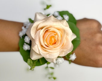 ROSE WEDDING CORSAGE , Coral Orange Rose Wedding Wrist Corsage , Wedding Corsage , Real Touch, Real Touch Rose & Eucalyptus , Babies Breath