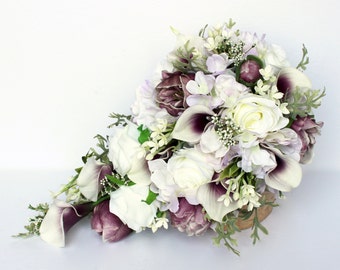 CASCADING WEDDING BOUQUET , Purple Wedding Bouquet , Real Touch and Silk Bouquet , Peonies , Calla lilies ,
