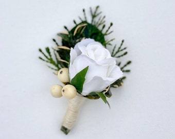 Winter Wedding Boutonniere, Christmas Winter White Boutonniere, White Rose, Wedding Boutonniere, Evergreen, Red Berries, Winter Christmas