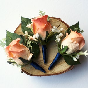 CORAL WEDDING BOUTONNIERE , Rose Wedding Boutonniere , Coral and Navy Wedding Boutonniere , Real Touch Boutonniere , Rose , Babies Breath