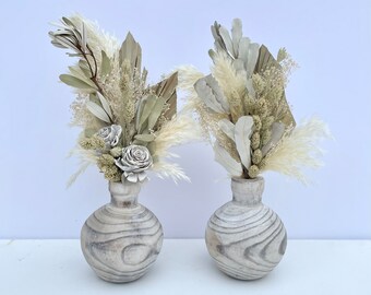Dried BOHO Centrepieces , Dried Bohemian Wedding Centrepieces , Dried Foliage , White and sage , Wood Vases