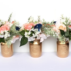 CORAL WEDDING CENTREPIECE , Navy and Coral Centrepiece , Real Touch Rose, Calla Lily, Hydrangea Centrepiece , Dusty Miller, Gold Mason Jar