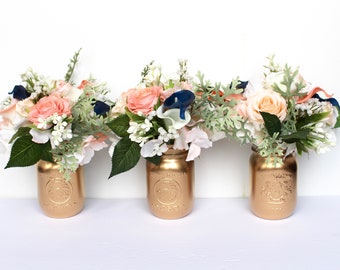 CORAL WEDDING CENTREPIECE , Navy and Coral Centrepiece , Real Touch Rose, Calla Lily, Hydrangea Centrepiece , Dusty Miller, Gold Mason Jar