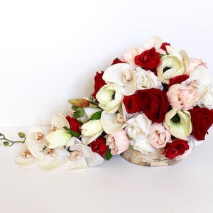 RED WEDDING BOUQUET , Red Cascading Wedding Bouquet , Red Wedding Bouquet , Red Pink and White , Real to Touch