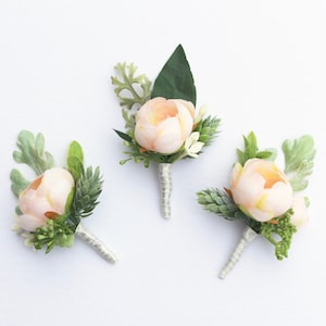 WEDDING BOUTONNIERE , Peach wedding Boutonniere , Peach Ranunculus Berries and Real to Touch Greenery