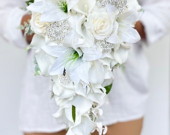 White Cascading Wedding Bouquet with High Quality Orchids, Roses, and Mint and Dark Green Foliage. Chirstmas and Winter. Brooches Optional