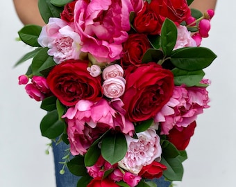 Pink Cascading Bouquet, Pink and Red Wedding Bouquet, Pink Peonies , Red Roses , Fuchsia Pink , Light Pink Wedding Bouquet