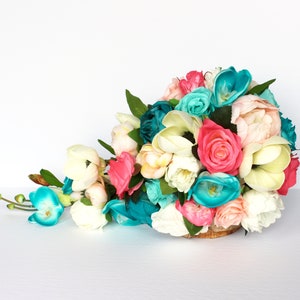 Cascading Wedding Bouquet , Teal and Coral Wedding Bouquet , Tropical Bouquet , Roses , Peonies , Magnolias
