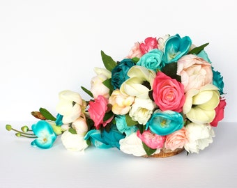 Cascading Wedding Bouquet , Teal and Coral Wedding Bouquet , Tropical Bouquet , Roses , Peonies , Magnolias