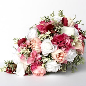 Pink Cascading Wedding Bouquet , Pink and Mint Wedding Bouquet , Cascading Blush and Fuchsia Pink Real to Touch Peonies Bridal Bouquet
