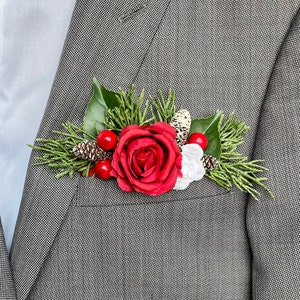 CHRISTMAS POCKET BOUTONNIERE, Red and White Winter Wedding Boutonniere, Christmas Pocket Boutonniere, Red andWhite, evergreen,  High quality